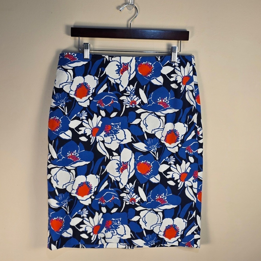 Talbots‎ Pencil Skirt Women 10 Blue Floral Cotton Stretch Knee Length Career - Picture 2 of 9